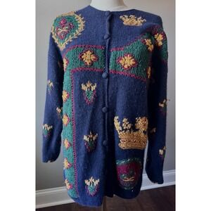 Vintage Bleyle Embroidered Wool Cardigan Sweater Navy Floral Medium